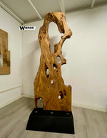 Piantana di design realizzata in sezione in legno massello di ulivo secolare con base in acciao