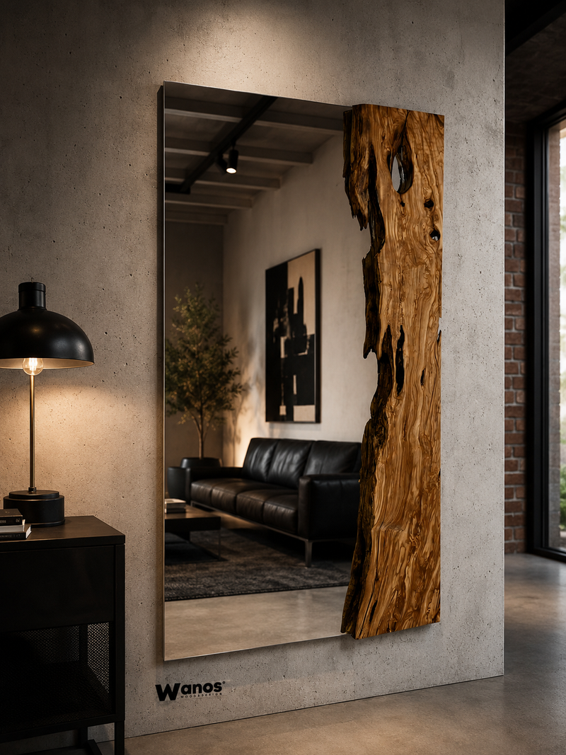 Specchio di design con cornice in legno massello di ulivo secolare