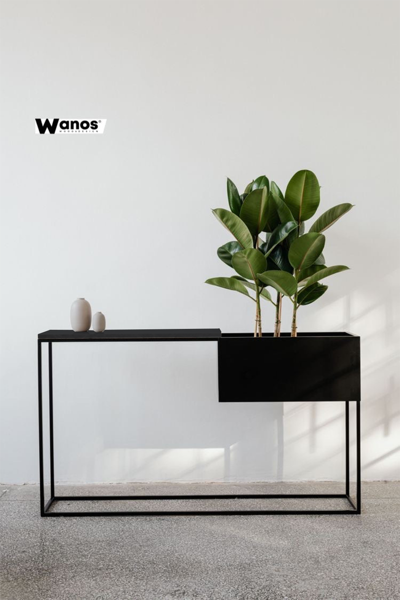 Consolle in metallo color nero opaco con porta vaso integrato