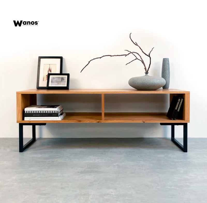 Consolle porta TV in legno massello di castagno con struttura in metallo