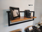 Design shelves made of solid chestnut wood on a metal structure