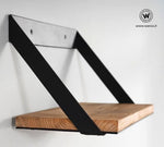 Design shelves made of solid chestnut wood on a metal structure