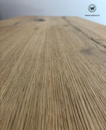 Design Coffee Table with solid brushed oak top on a geometric structure in matt white metal