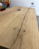 Design Coffee Table with solid brushed oak top on a geometric structure in matt white metal