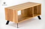 TV stand in solid oak on a matt black metal structure