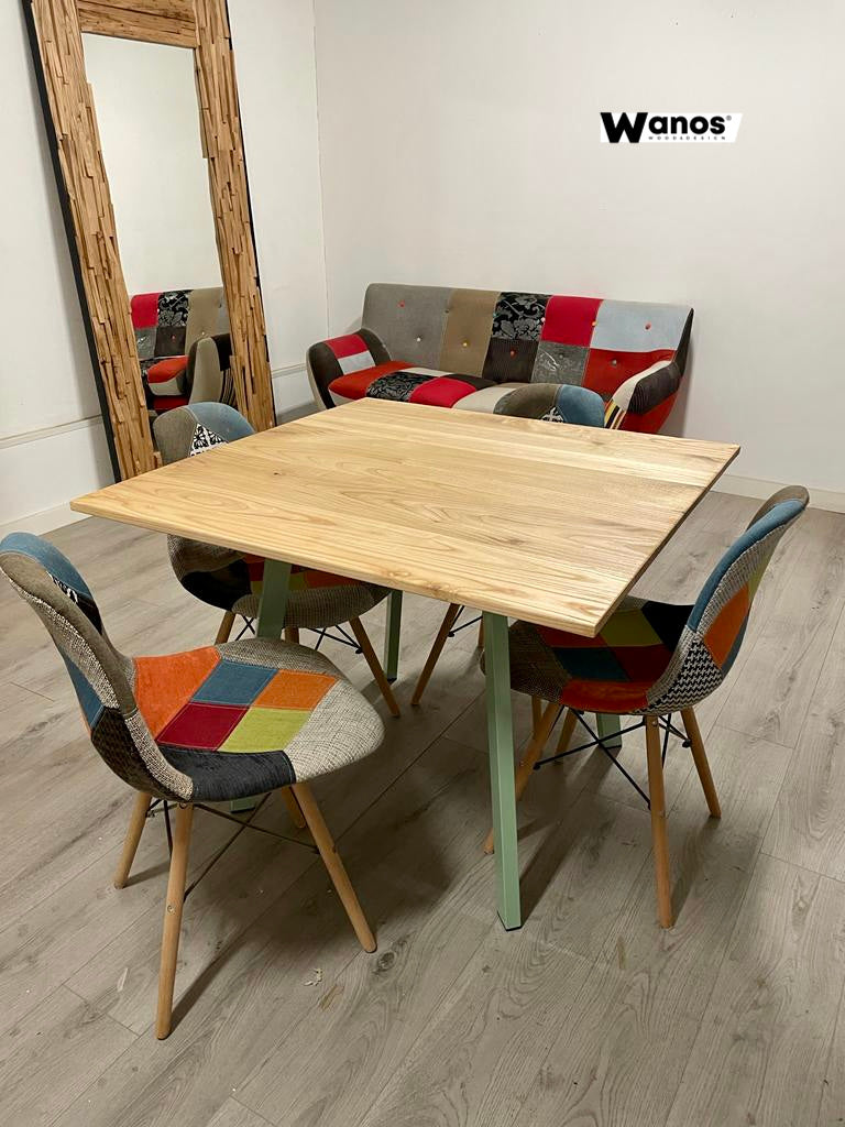 Table with top made of solid chestnut wood on a minimal metal structure