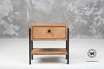 Design bedside table made of solid brushed oak with metal structure