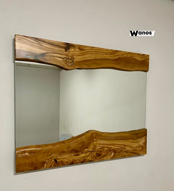 Design wall mirror with irregular secular olive solid wood frame