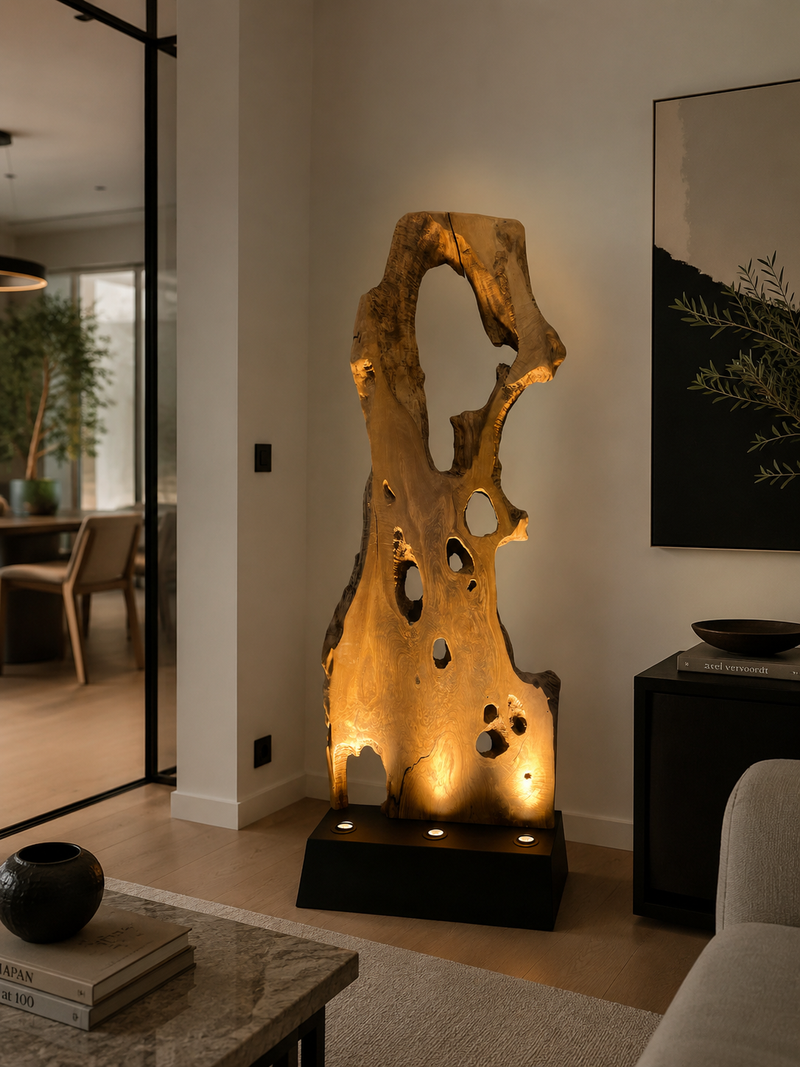 Design floor lamp made of solid wood with integrated LED