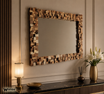 Mirror with mosaic frame in multi-wood design