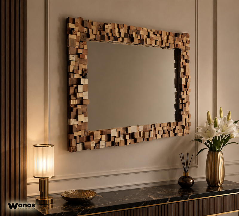 Mirror with mosaic frame in multi-wood design