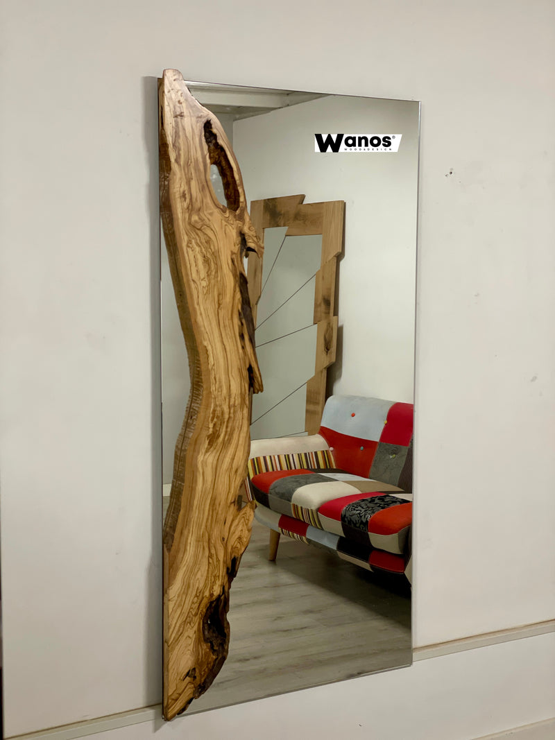 Design mirror with solid secular olive wood frame