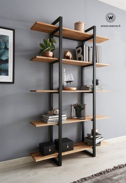Libreria di design su struttura in metallo con mensole in legno massel –  Wanos Wood & Design