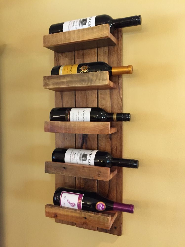 Wall mounted bottle holder in reclaimed solid wood
