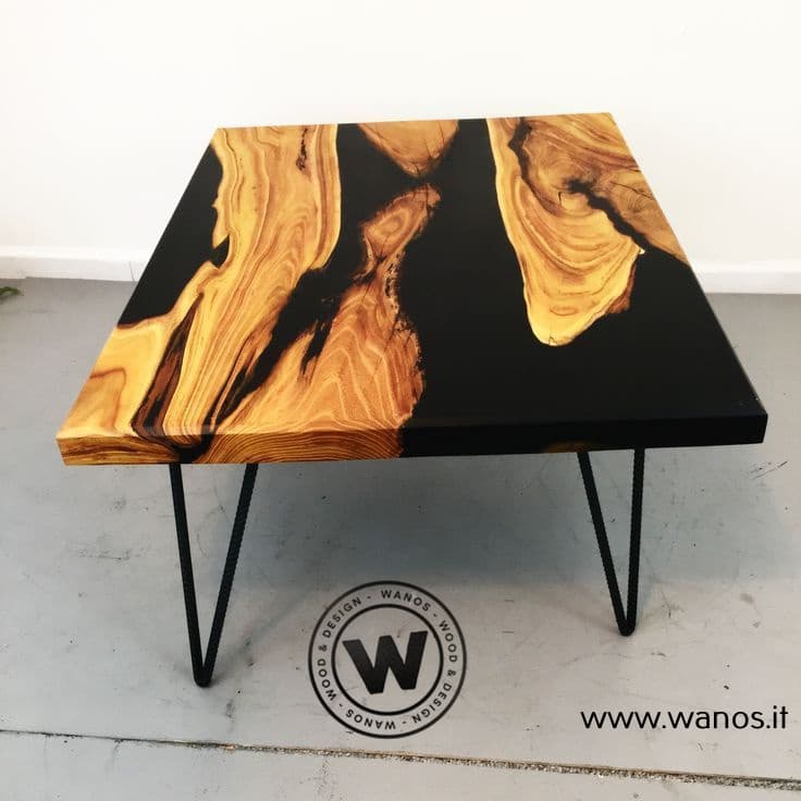 Design Coffee Table made with resin top and centuries-old olive tree on an iron structure