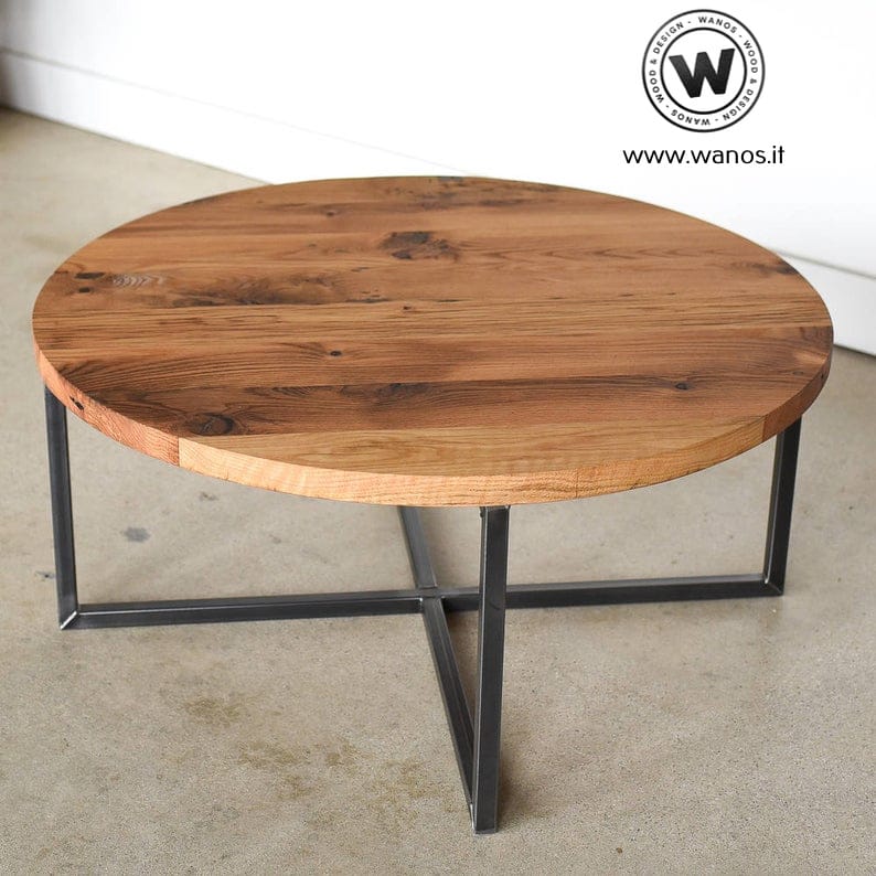 Circular Coffee Table made with solid chestnut wood top on metal structure.