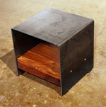 Designer bedside table made of metal and natural chestnut solid wood shelf 