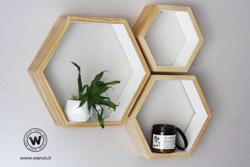 Design geometric hexagonal wall shelf made of solid wood.