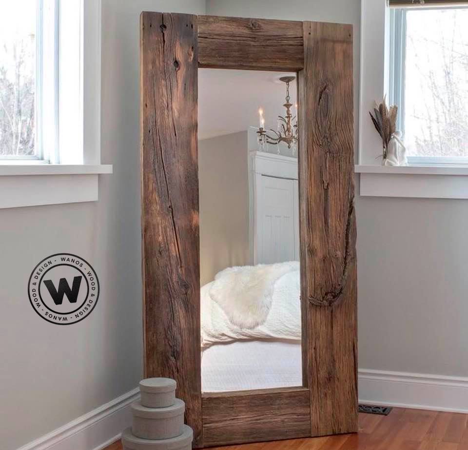 Design floor mirror with aged solid wood frame