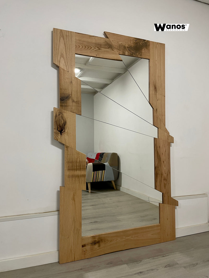 Countertop or wall mirror with geometric design with natural brushed solid chestnut wood frame