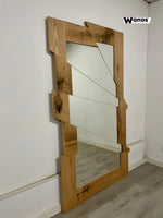 Countertop or wall mirror with geometric design with natural brushed solid chestnut wood frame
