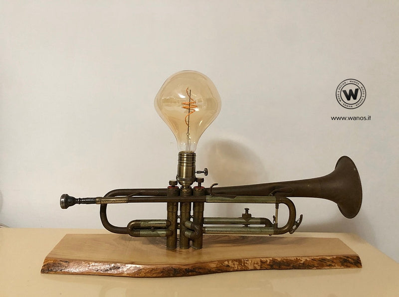 Vintage design lamp made with antique trumpet from 1945.