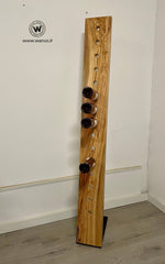Portabottiglie - Cantinetta di design  da terra “Iron-Wood” in legno massello di ulivo secolare  su base in ferro solida