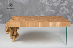 Coffee Table di design realizzato in legno massello di rovere con stuttura in vetro temperato