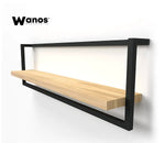 Design shelves made of solid chestnut wood on a metal structure