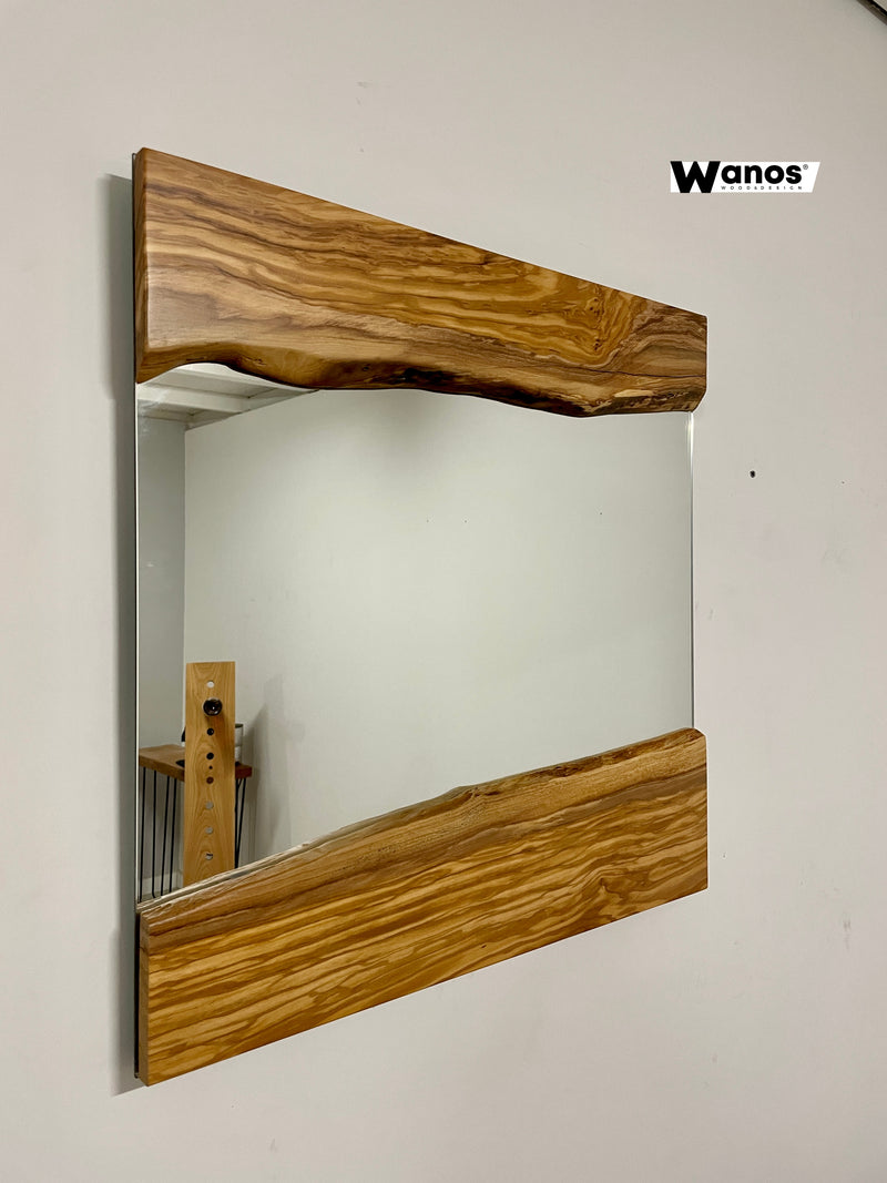 Design mirror with solid secular olive wood frame