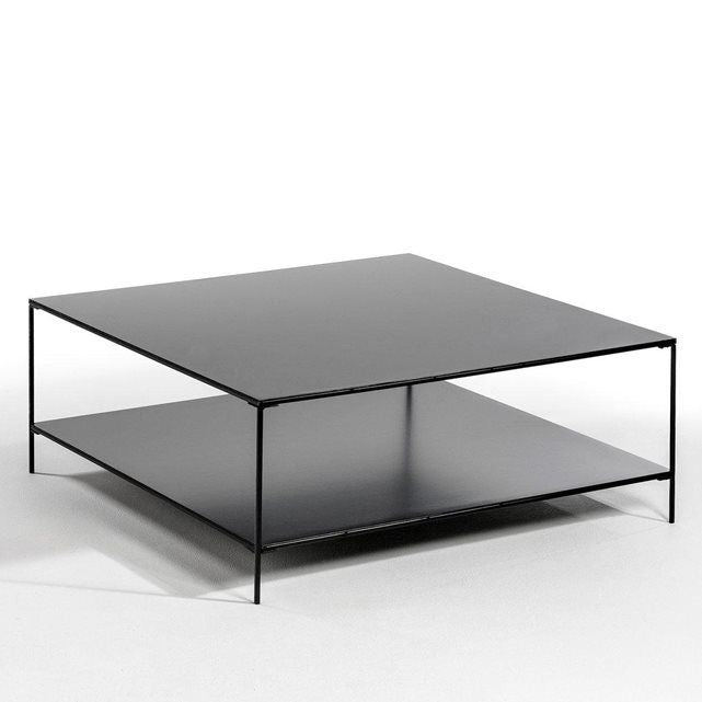 Double shelf Coffee Table handmade, in black wrought iron with lines with a refined design