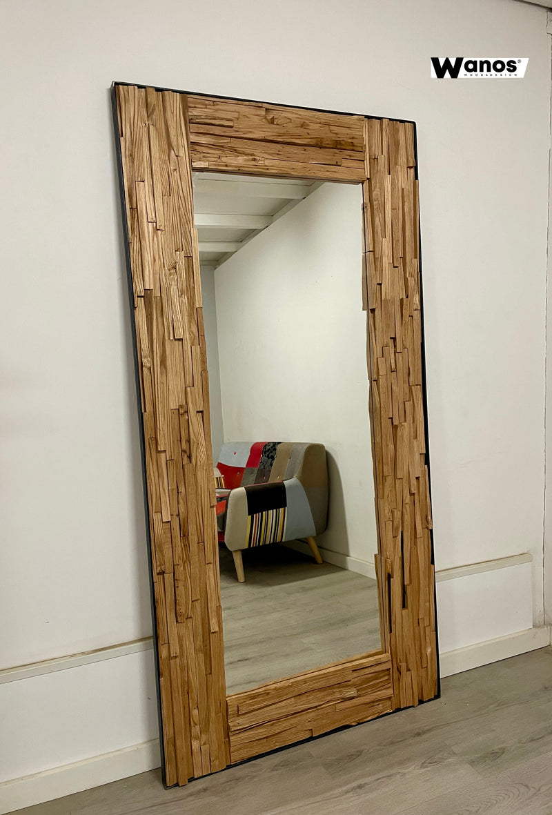 Design countertop or wall mirror with frame in debarked solid chestnut wood and metal