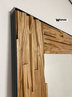 Design countertop or wall mirror with frame in debarked solid chestnut wood and metal