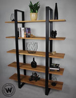 Design bookcase on metal structure with shelves in solid chestnut wood