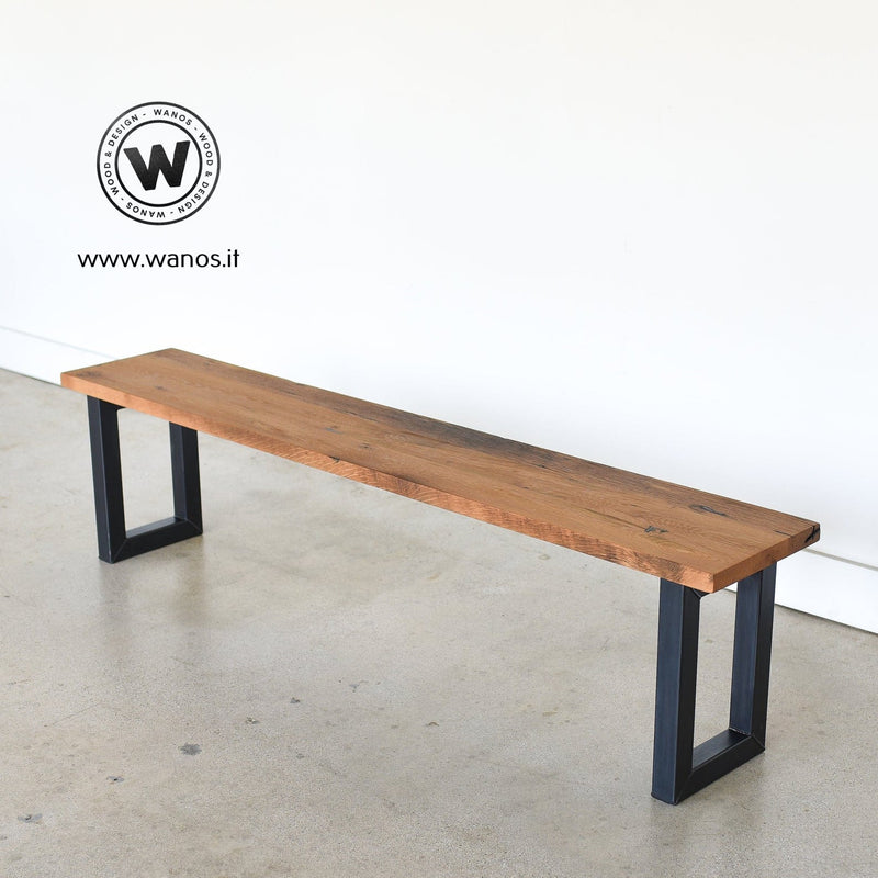 Design bench made on a metal base with seat in irregular solid chestnut wood