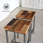 Design stool made with multi essence solid wood seat on metal structure