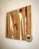 Design wall clock made of solid antique chestnut wood and white resin