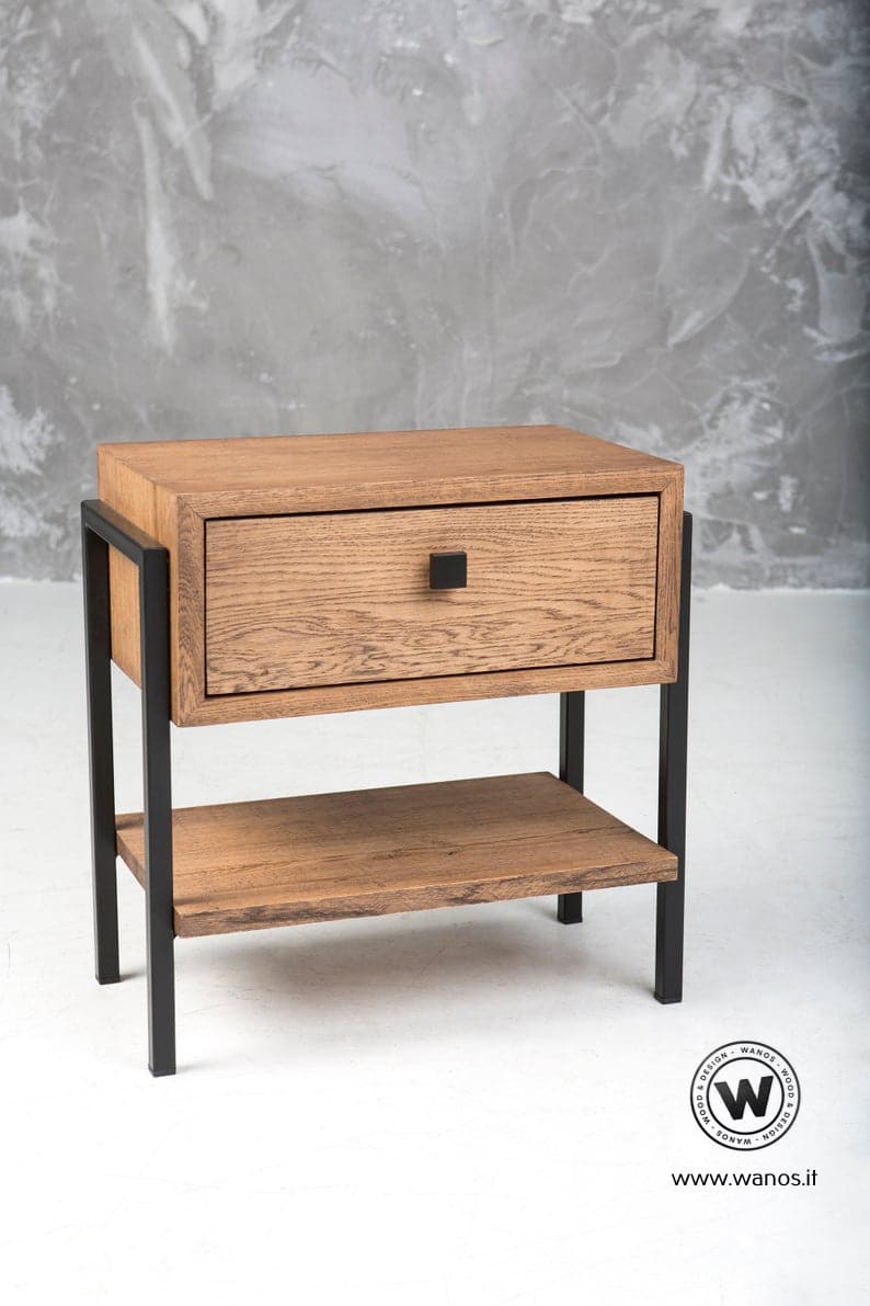 Design bedside table made of solid brushed oak with metal structure