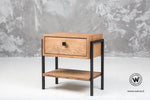 Design bedside table made of solid brushed oak with metal structure