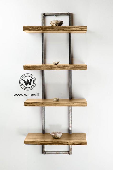 Shelves in solid chestnut wood on a design iron structure