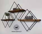Geometric design shelf made with iron structure and solid chestnut wood shelf