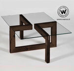 Design coffee table in solid wood with modern crystal shelf