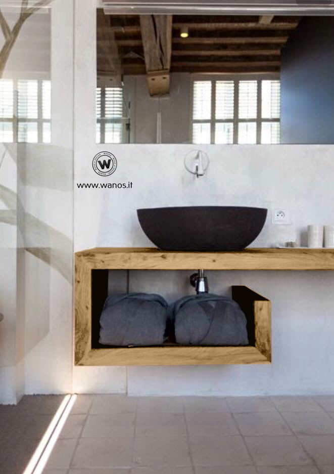 Piano lavabo sospeso di design in legno massello di castagno