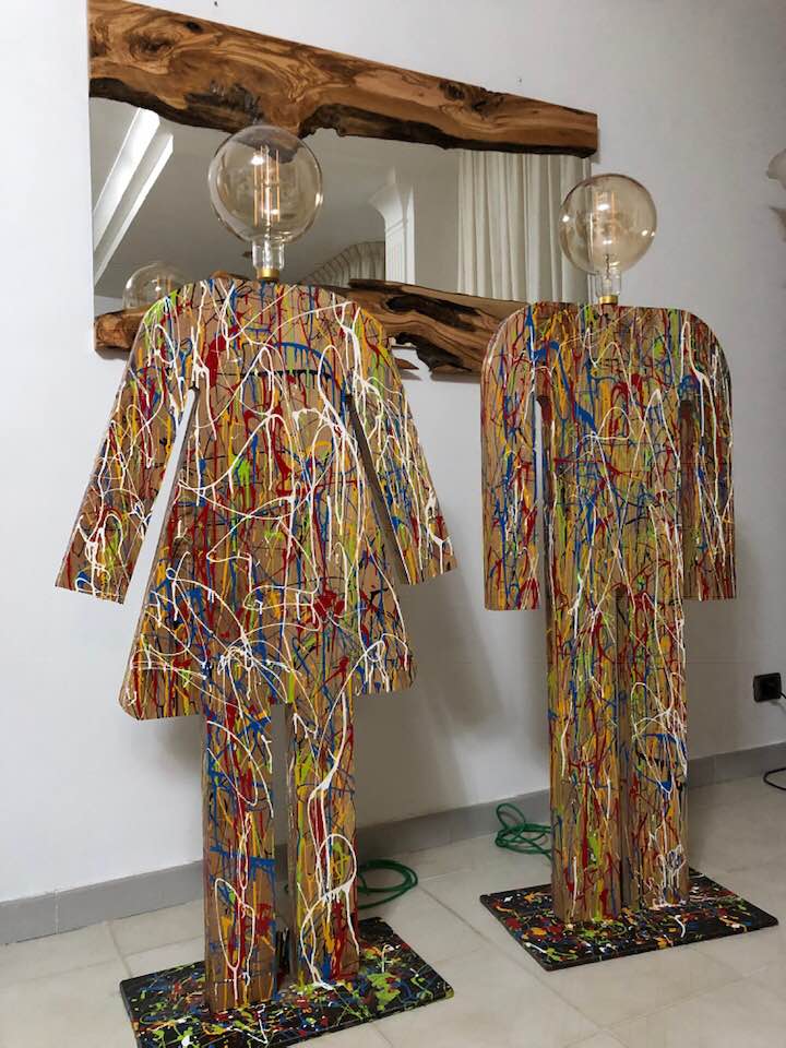 Design Man-Woman floor lamps in decorated solid wood – Wanos Wood & Design