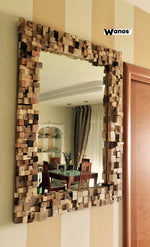 Mirror with mosaic frame in multi-wood design