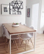 Table in solid ash wood on a handcrafted matt white iron structure